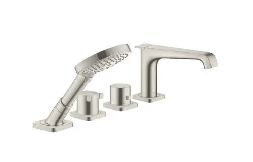Edelstahl Waschbeckenarmatur mit vier Bedienelementen, einschließlich Handbrause, aus der AXOR Citterio E Kollektion. Modernes Design für Fliesenrandinstallation.